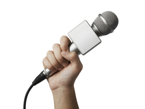 Hand holding a microphone isolated on transparent background