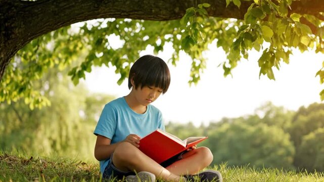 A young boy sits peacefully on green grass, engrossed in reading a book under a shady tree.