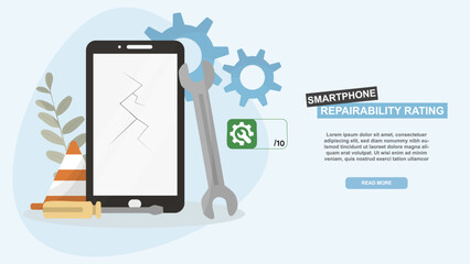 Smartphone Repairability Rating Information Banner. Ideal for industrial and business presentation. Damaged Device Concept. Importance of repair concept. Flat style. Vector illustration