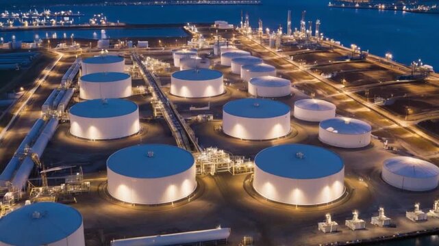 Industrial oil refinery with numerous illuminated storage tanks and pipelines at night, showcasing the vast petrochemical infrastructure.
