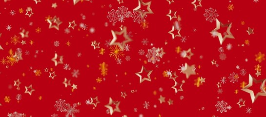 Festive red backdrop with falling golden stars and snowflakes, perfect for Christmas cards, holiday designs, and seasonal gr