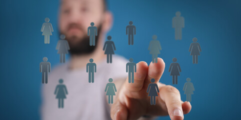 Hand reaching out to touch human icons, representing a network, community, or connection. Digital...