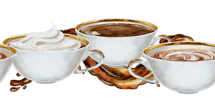 Watercolor illustration of a seamless border with cups of coffee cream mocha and cappuccino with splashes and golden rims. Illustration for cafe branding menu design packaging and coffee shop decor.