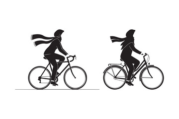 Obraz premium Silhouettes of two people riding bicycles in a stylized artistic representation