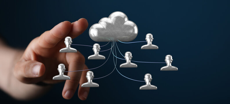 Abstract image of a hand interacting with a cloud network representing communication, technology, and connectio