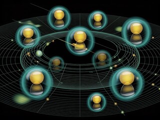 Abstract network of glowing people icons connected in a digital sphere