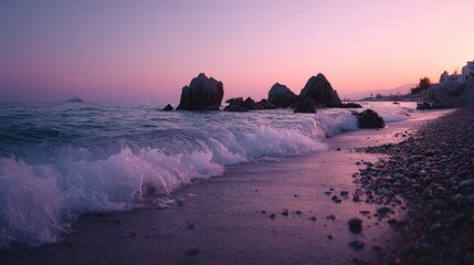 Serene sunset over rocky shoreline with gentle waves and vibrant orange and violet sky, evoking calmness and natural beauty at dusk