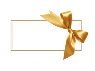 Golden satin ribbon bow tied on a white rectangular label with a thin gold border isolated on transparent background