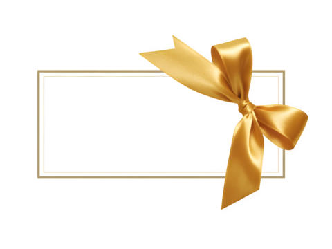 Golden satin ribbon bow tied on a white rectangular label with a thin gold border isolated on transparent background - Powered by Adobe