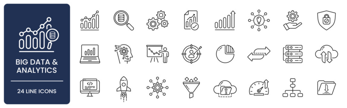Big Data and Analytics Line Icon Set. Collection of analytics, database, processing, machine learning, report, algorithm, search, growth, cloud, and business intelligence symbols. Editable Stroke.