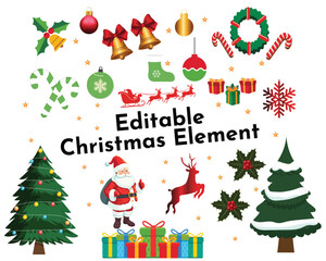Fototapeta premium Christmas Elements Set – Santa Claus, Gifts, Christmas Tree, Decorations, Holiday Icons Vector Illustration
