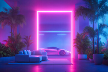Scifi living space with digital displays neon lighting and tech accessories