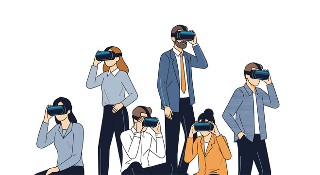 Diverse professionals immersed in virtual reality headsets exploring innovative digital futures and immersive experiences together