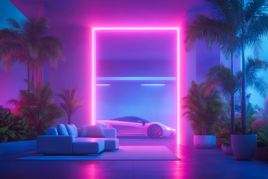 Scifi living space with digital displays neon lighting and tech accessories