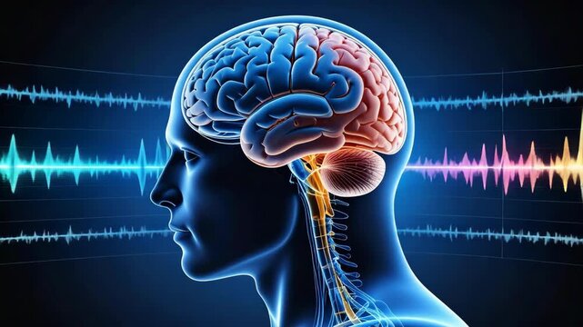Human brain anatomy in profile with neurological pathways depicted alongside neural oscillations and brainwave frequencies on a blue background