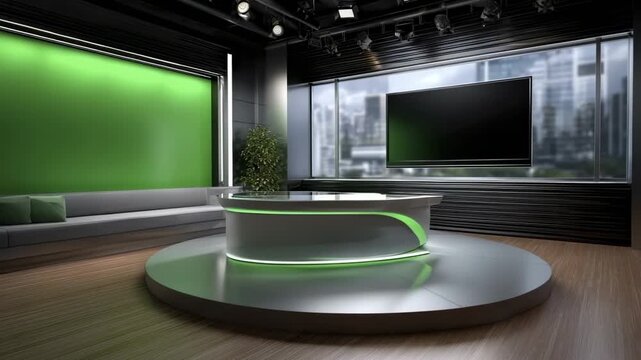 Modern broadcast studio with a green screen news desk and city view window