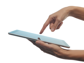 Persons hands holding a tablet computer and touching the screen, isolated on transparent background