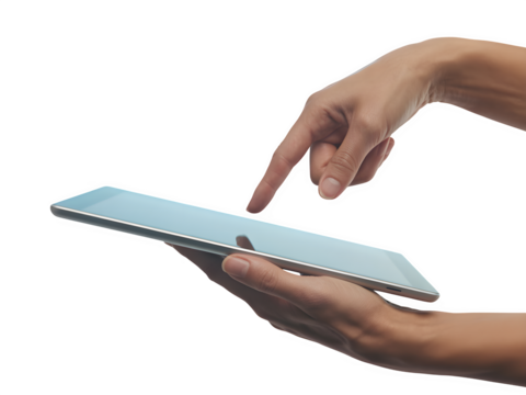 Persons hands holding a tablet computer and touching the screen, isolated on transparent background