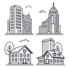 Hand drawn doodle house vector set. Cute outline houses black and white line illustration