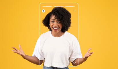 A young woman stands with a wide smile, expressing excitement as she interacts with an invisible social media interface. The bright yellow background adds energy to the scene.