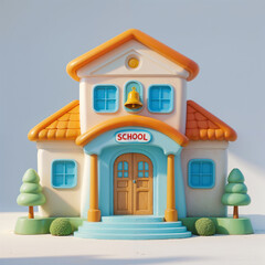 Colorful Cartoon School Building with Bell and Trees in Front Perfect for Kids Learning and Education Themes