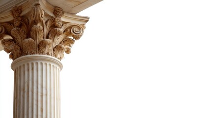 Ancient ornate stone column with detailed carvings and textured surface on a plain background, copy space for text, classical architecture element