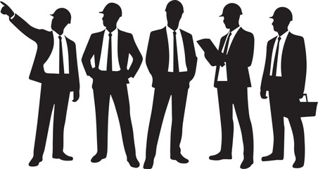 Five Silhouettes of Businessmen in Suits and Hard Hats on White Background Keywords: businessmen