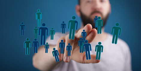 Concept of global connection, communication, and social media. Person with hands interacting with digital peopl