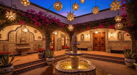 Mexican hacienda vibrant with Talavera tiles and punched tin lights