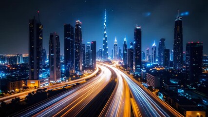 City skyline at night with illuminated skyscrapers and light trails from traffic on the highway - Powered by Adobe