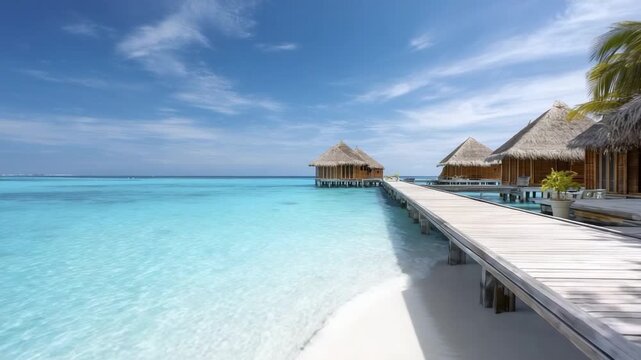 Overwater bungalows with thatched roofs along a wooden boardwalk over turquoise water and a white sand beach