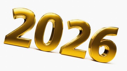  &ldquo;2026&rdquo; in ultra-realistic 4D metallic gold text on a plain white background,