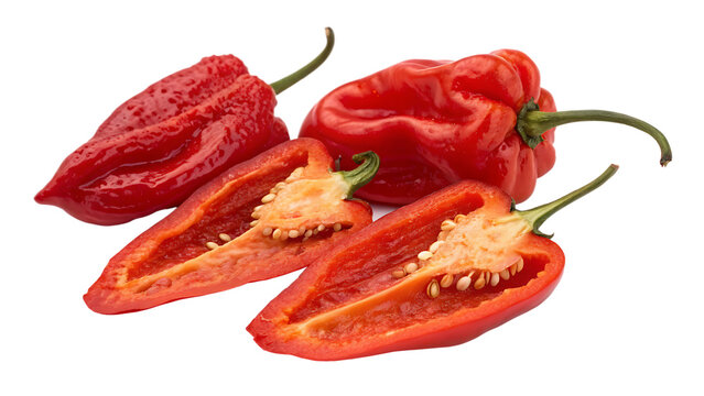 Three fresh red ghost peppers Bhut Jolokia cut out on PNG. AI GENERATED.