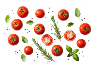 Fresh ripe tomatoes herbs and spices arranged artfully on a dark surface for culinary inspiration transparent background