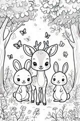 Cute Deer and Bunnies in the Forest Coloring Page for Kids with Butterflies and Flowers to Color and Enjoy