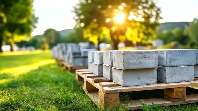 Stacks of grey concrete blocks on wooden pallets, precast fence segments rough texture, set against green grass, blurred trees, await construction, ideal for landscaping, boundary,