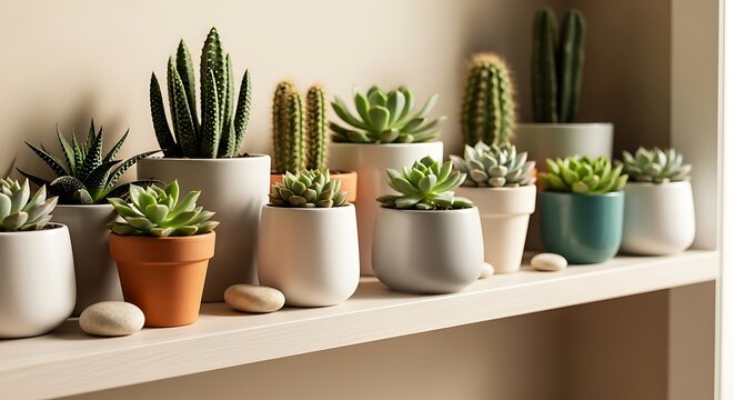 Collection of potted succulents and cacti on a shelf