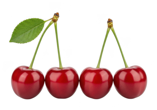 Four ripe cherries with stems and leaf isolated on a solid black background transparent background