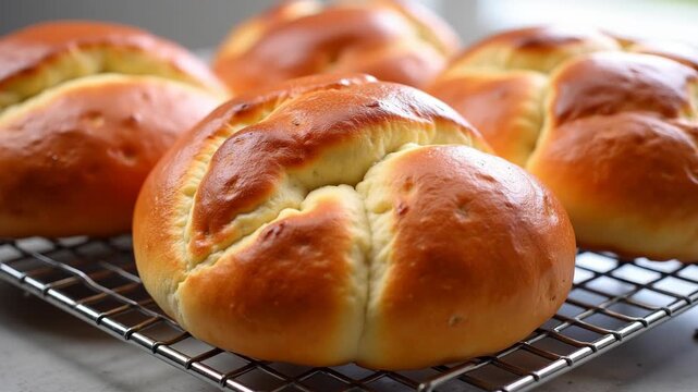 Freshly Baked Bread Rolls on Cooling Rack 
