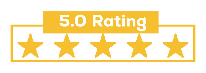 5 Star rating, customer review with gold stars flat vector. 5 stars. Gold star rating bar with five yellow stars. 5 Star Rating Review with five golden stars. 