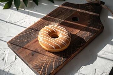 Classic Glazed Donut on Dark Black Wooden Board with Hard Sunlight nice 