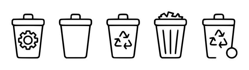 Set of Trash Can Icons Recycling, Gear, and Waste Bins