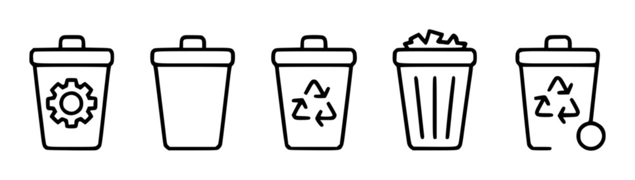 Set of Trash Can Icons Recycling, Gear, and Waste Bins