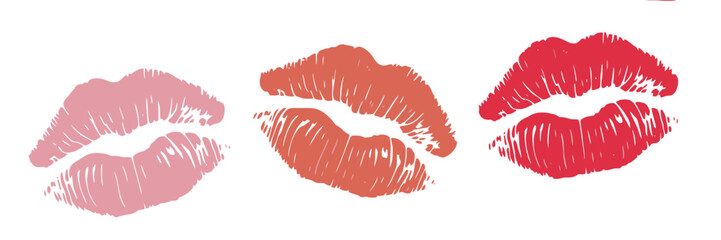 Three Lipstick Kiss Marks in Pink, Coral, and Red on White Background