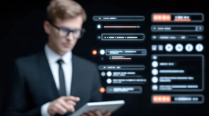 A futuristic meeting glows with neon updates digital notes and an AI partner forecasting sales guiding decisions and completing a cyber review