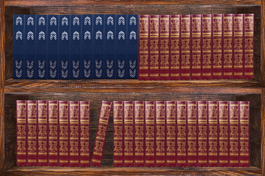Books on the bookshelves in the library. Dark wood bookcase.