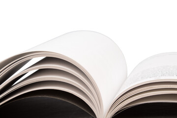 open book. Composition with hardcover books, fanned pages, isolated on white background. Back to school. Copy Space. Education background.