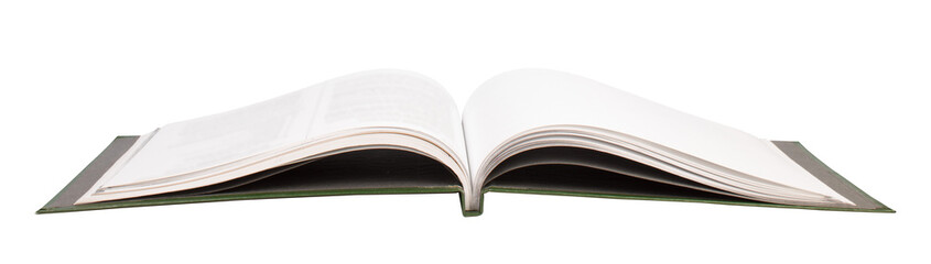 open book. Composition with hardcover books, fanned pages, isolated on white background. Back to school. Copy Space. Education background. panorama, banner