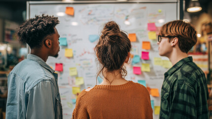 Young diverse team brainstorming startup ideas, collaborating on a project strategy with notes on a whiteboard