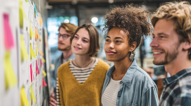 Young creative business people collaborating in a modern office, planning project strategy with colorful sticky notes